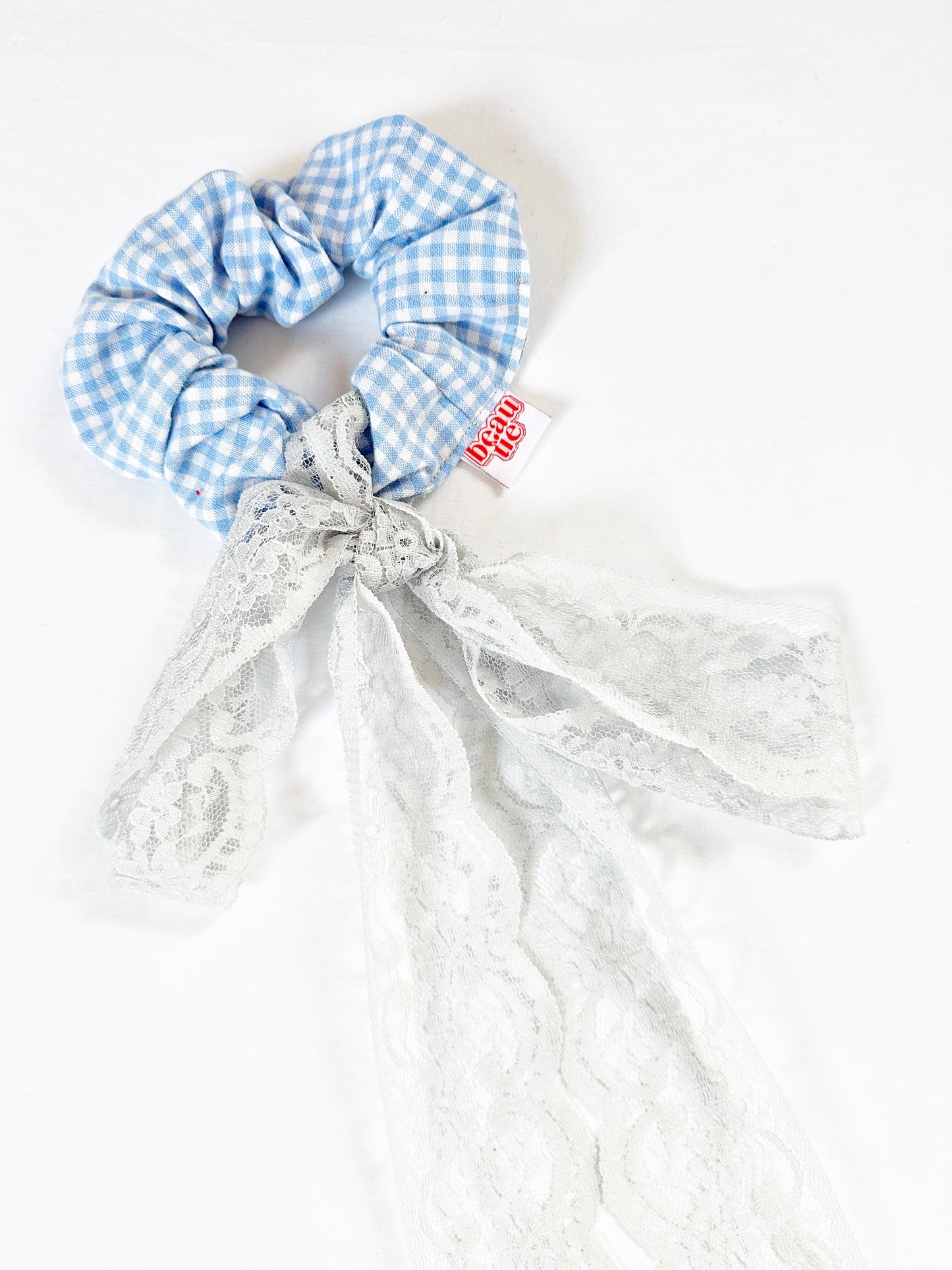 Lace bow scrunchie in baby blue gingham