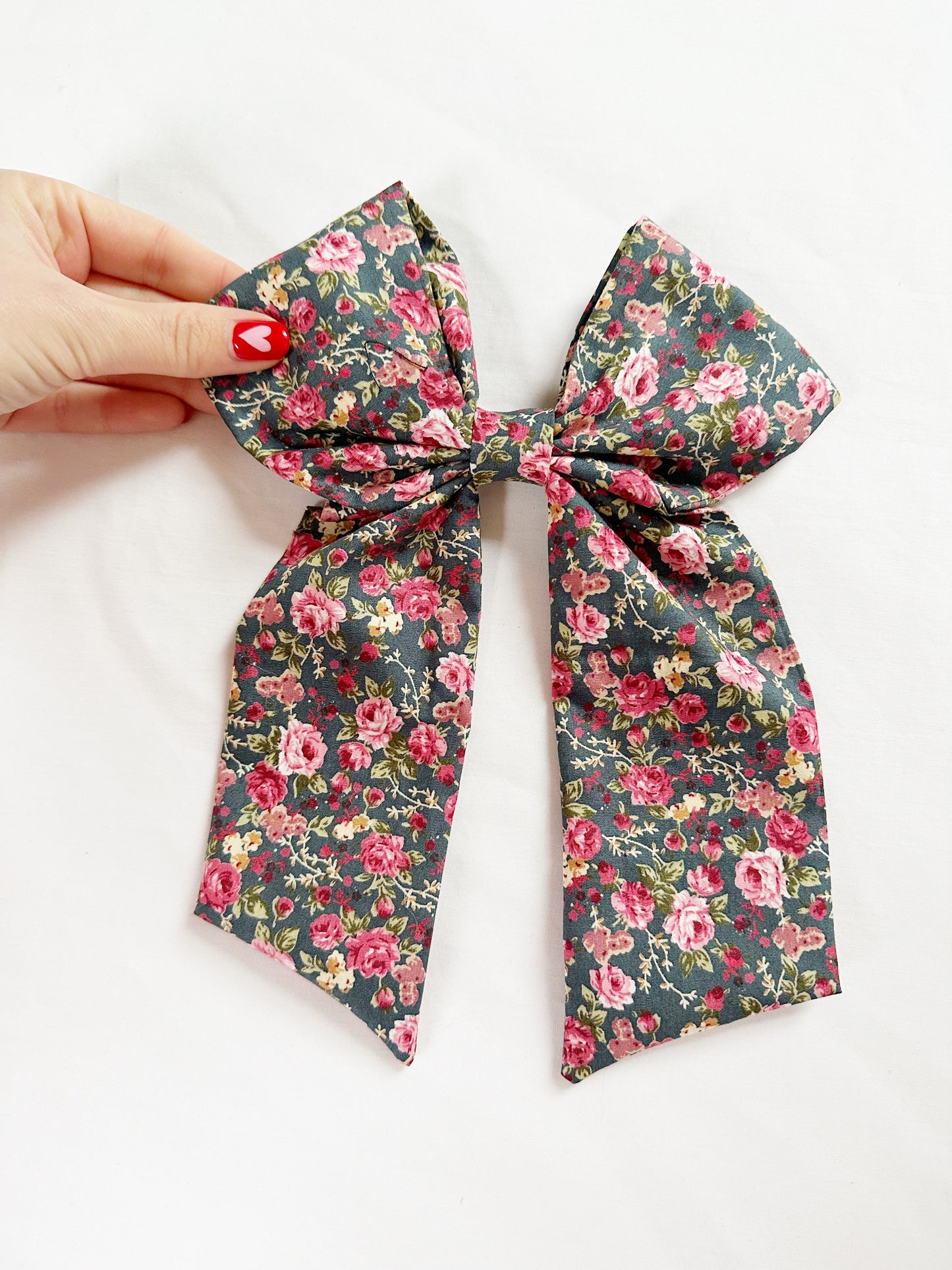 POWER Hair Bow in pink and grey floral cotton