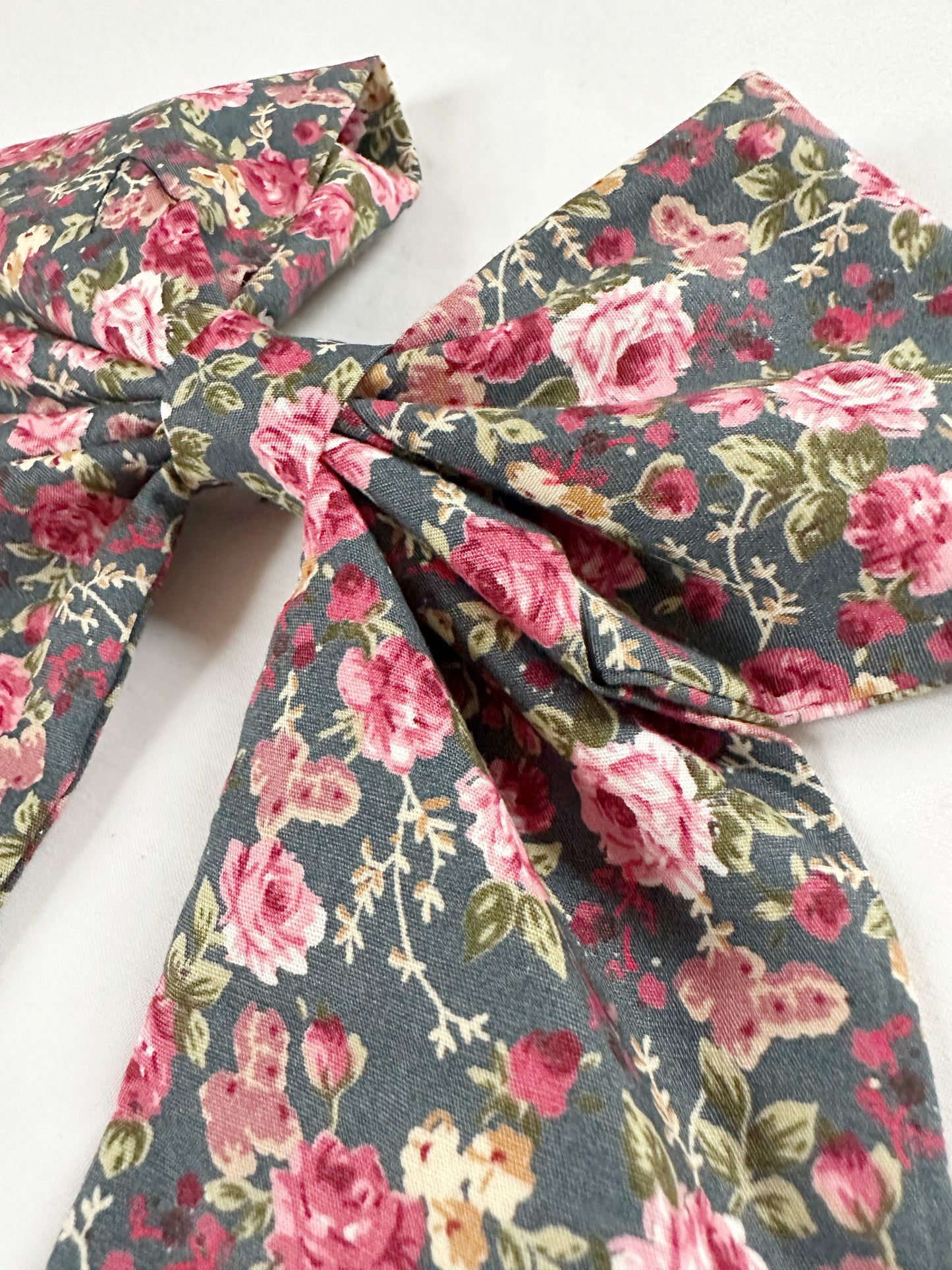 POWER Hair Bow in pink and grey floral cotton