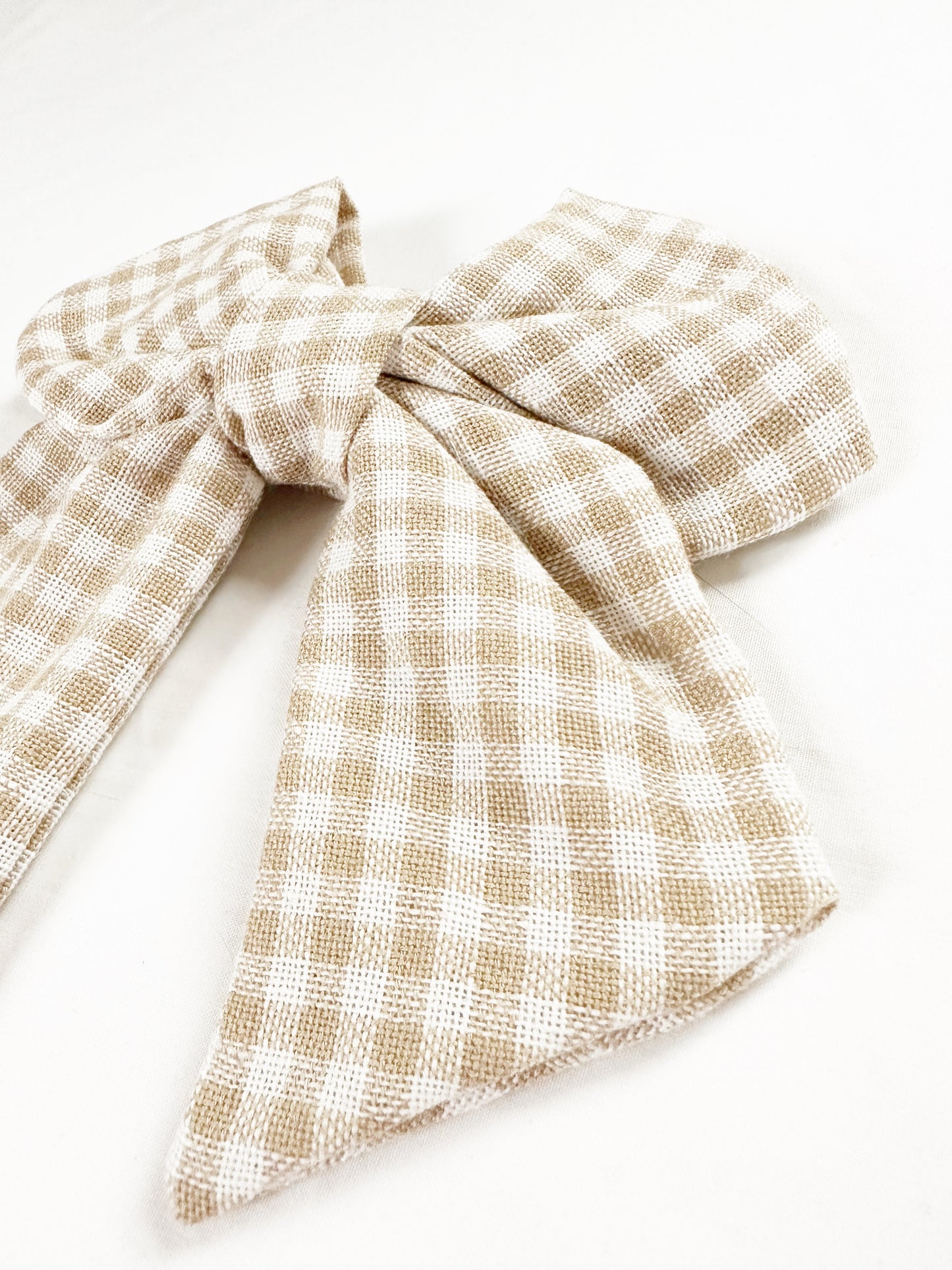 Hair Bow in taupe gingham linen