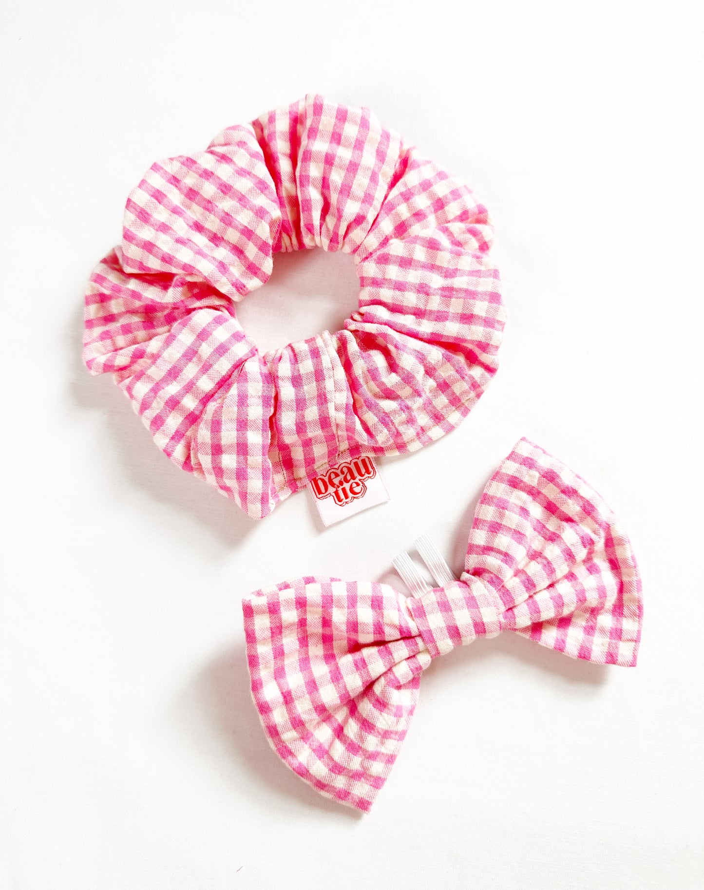 Scrunchie & dog bow tie gift set in pink gingham